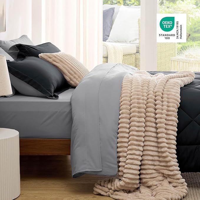 Bedsure Twin Comforter Set - 5 Pieces Reversible Black Bedding, Twin Size Bed Set for All Seasons, Bed in a Bag with Down Alternative Comforter, Sheets, Pillowcase & Sham