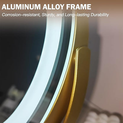 Gold Vanity Mirror, 12 Inch Makeup Mirror with Lights, Large Lighted Vanity Mirror, Light Up Mirror with Smart Touch 3 Colors Dimmable, Tabletop, 360° Rotation