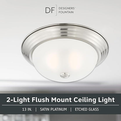 DESIGNERS FOUNTAIN Reedley 2-Lights Flush Mount Ceiling Light, 13 Inch Lighting Fixture for Kitchen, Bedroom, Bathroom, and Hallway, Satin Platinum with Etched Glass, 1257M-SP-W