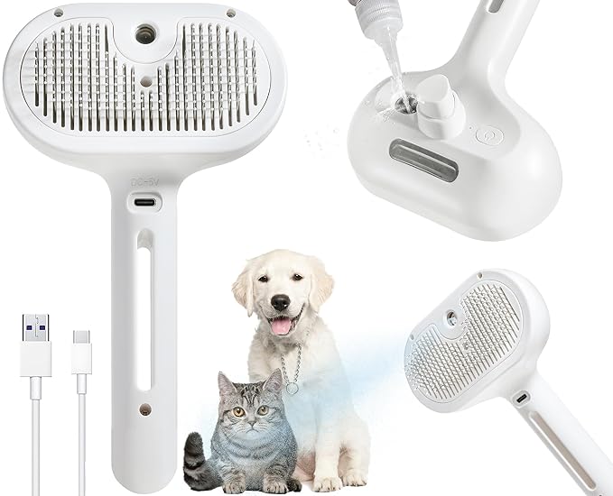 3-in-1 Steam Brush for Cats & Dogs – Hair Removal Comb with One-Click Release & Water Spray – Grooming Brush for Shedding, Long/Short Hair-Mewly Pet