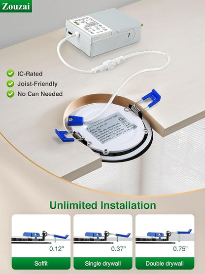 zouzai 12 Pack 6 Inch Black 5CCT Reset LED Recessed Ceiling Light with Junction Box, 2700K/3000K/3500K/4000K/5000K Selectable, 12W Eqv 110W,Dimmable, led can Lights- ETL and Energy Star Certified