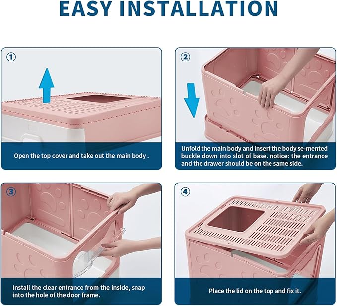 Cat Litter Box with Litter Mat and Scoop, Large Foldable Litter Box with Lid, Front Entry Top Exit Kitty Box, Odor Control, Easy to Clean (Pink)-Mewly Pet