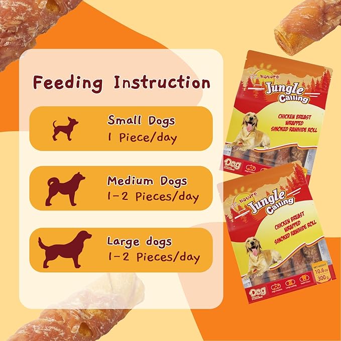 Jungle Calling Dog Treats Smoked Chicken Wrapped Rawhide Rolls, High Protein Dog Chews, Rawhide Chews for Medium and Large Dogs, 10.6 Oz-Mewly Pet
