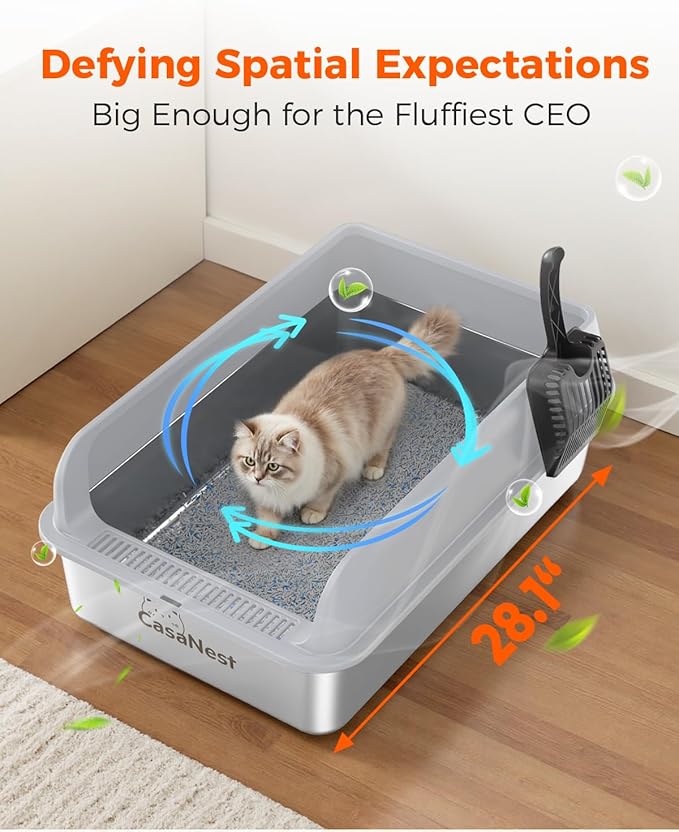 XXXL Stainless Steel Cat Litter Box 28.1''×20.5'' × 10.1” Extra Large Metal Cat Litter Box for Big, Multi Cats, Anti-Leakage & Non-Stick Metal Pan, Easy to Clean, Durable (Light Grey-Mewly Pet