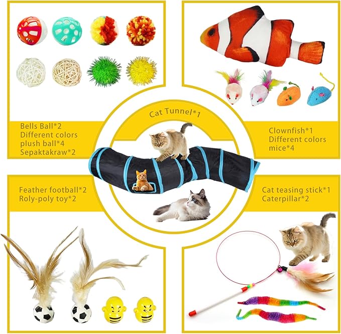21-Piece Cat Toys Set, Interactive Tunnel, Balls, Mice, Feather Wands, Catnip Toys(Black Tunnel)-Mewly Pet