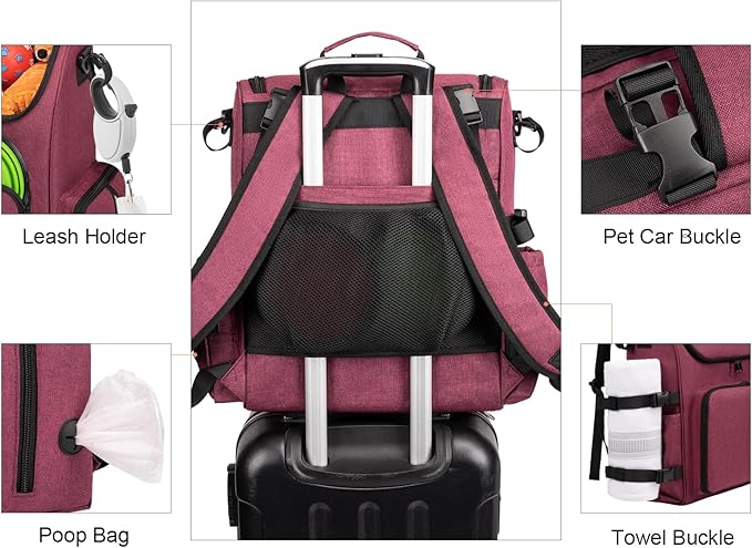 Modoker Dog Travel Bag Backpack, Airline Approved Pet Accessories Organizer for Dog and Cat with Shoulder Strap, 2 Dog Food Storage Containers, 2 Collapsible Dog Bowls,1 Pet Mat, Rose Red-Mewly Pet