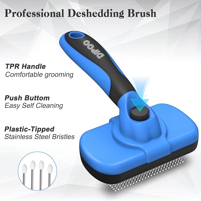 Self-Cleaning Brush for Pet Deshedding - Skin-Friendly Grooming Tool for Dogs and Cats, Blue-Mewly Pet