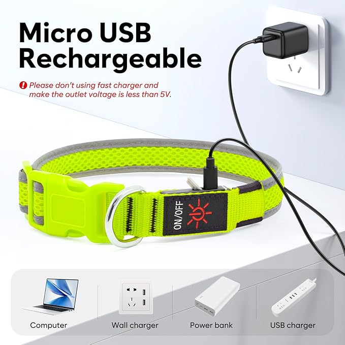LED Dog Collar, Light Up Dog Collar USB Rechargeable, Brightest Dog Lights for Night Walking, Adjustable Dog Collar Light for Dog Safety(Medium, Neon Green)-Mewly Pet
