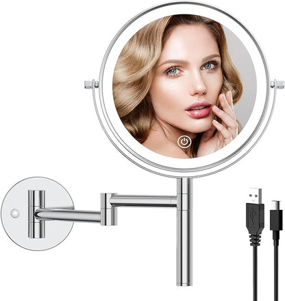 8" Wall Mounted Makeup Mirror with Handle, 3 Color Lights Dimmable and 1X/10X Magnification, Rechargeable Bathroom Wall Mount Magnifying Mirror with Extension Arm Height Adjustable Chrome