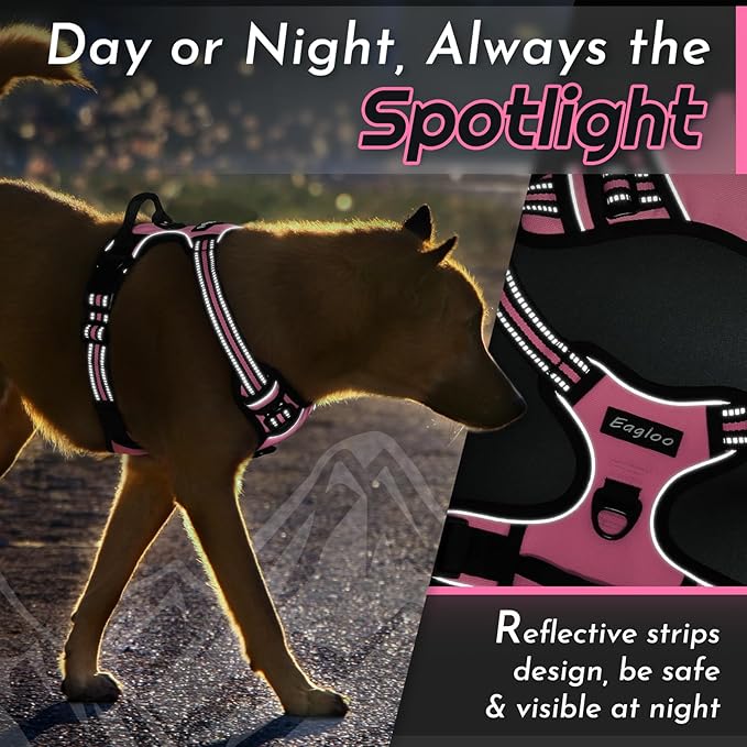 Eagloo Dog Harness Large Breed, No Pull Service Vest with Reflective Strips and Control Handle, Adjustable and Comfortable for Easy Walking, No Choke Pet Harness with 2 Metal Rings, Pink, XL-Mewly Pet