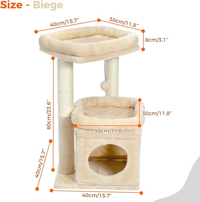 PEQULTI Cat Tree Cat Tower for Indoor Cats with Private Cozy Cat Condo, Natural Sisal Scratching Posts and Plush Pom-pom for Small Cats,Beige-Mewly Pet