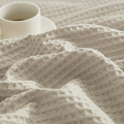 PHF 100% Cotton Waffle Weave Throw Blanket，Pre-Washed Snag Proof Lightweight Breathable Moisture-Wicking for Layering in Cold Weather for Couch Bed,Machine Washable,Home Decor Gift-Linen