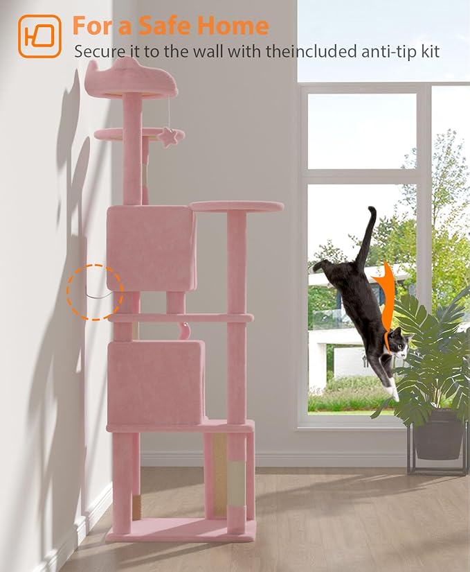 70'' Cat Tree Tower for Indoor Cats Large Adult,Cute/Tall Modern Cat Tree for Big Cats 20 lbs,Plush Multi-Level Cat Condo with Scratching Posts,Dangling Ball for Fun Play(Soft Pink, 70 inch)-Mewly Pet