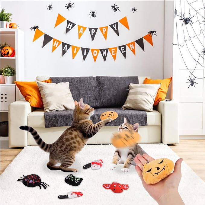 LOMIMOS 6Pcs Halloween Catnip Toys,Cat Toys Chew Bite Plush Toy with Crinkle Paper Kitten Pumpkin Spider Bat Knife for Indoor Interactive Play & Exercise-Mewly Pet