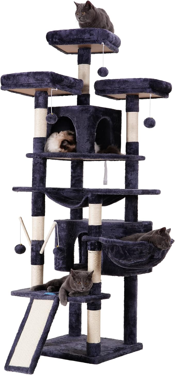 Hey-brother Cat Tree, 71 inches XL Large Cat Tower for Indoor Cats, Multi-Level Cat House with 3 Padded Perches, Big Scratcher, Cozy Basket, 2 Cat Condos and Scratching Posts, Smoky Gray MPJ034G-Mewly Pet