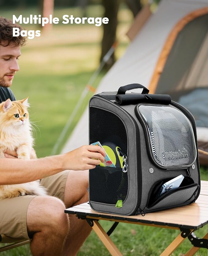 Pecute Cat Backpack Carrier, Large Space Cat Bubble Backpack, Breathable Cat Carrier, Shaded Dog Backpack Carrier, Ergonomic 3D Design for Travel, Hiking, Suitable for Shopping, and Vet, Gray-Mewly Pet
