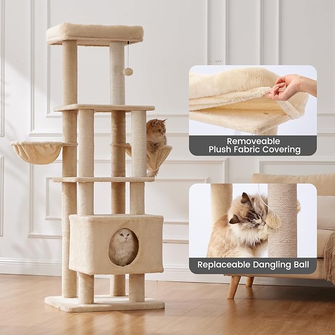 Gardner Pet 65in Heavy Duty Cat Tree Tower for Large Cats, Multi-Level Cat Furniture with Replaceable Sisal Scratching Post, Hammock | Extra-Large Platform & Condo (Beige)-Mewly Pet