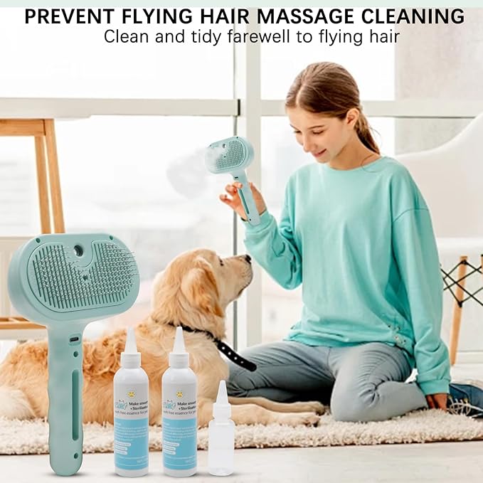 Pet Steam Brush for Cat & Dog – 4-in-1 De-Shedding, Steam Spray, and Self-Cleaning Grooming Tool – Ideal for Long and Short-Haired Pets– Includes 2 Bottles of 120 mL Waterless Shampoo(Green)-Mewly Pet