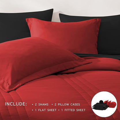 Monbix Full Comforter Set - 7 Pieces Bright Red Bed in a Bag Full Size Bedding Sets with Comforters, All Seasons Down Alternative Comforter with Sheets, Pillowcases & Shams