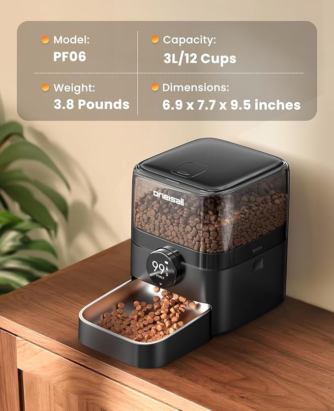 oneisall Cordless WiFi Automatic Cat Feeder, Tasty S2 Pro Rechargeable 100-Day Battery Operated Pet Feeder, 12 Cups/3L Timed Cat Food Dispenser for Large Kibble, Smart App Control (Black)-Mewly Pet