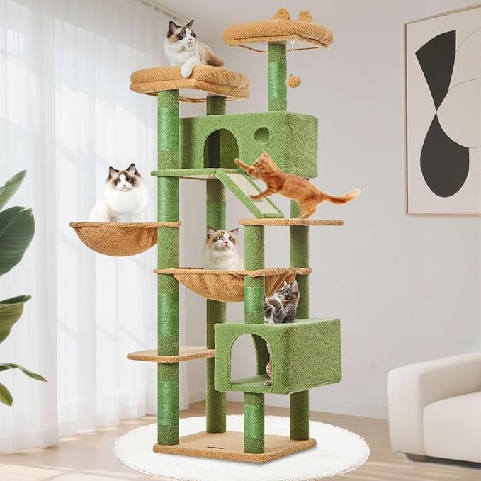 Taoqimiao Cactus Cat Tree, 71-Inch Cat Tower for Indoor Cats Large Adult, Multi-Level Large Cat Condo, 8 Sisal Scratching Posts, Metal Frame Cozy Hammock, Scratch Board, 2 Top Perches, MSC026L-Mewly Pet