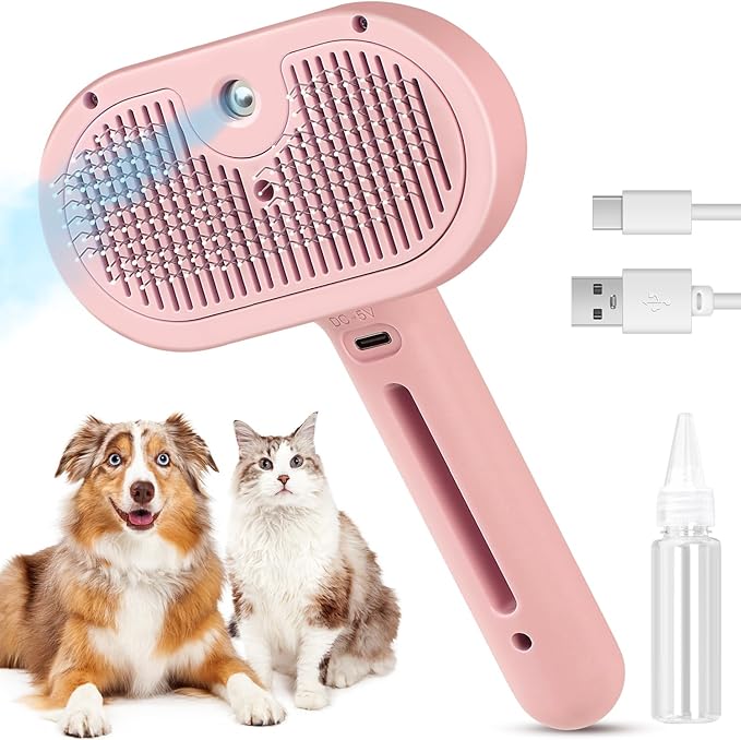Steam Brush for Shedding Pets - Self-Cleaning Grooming Comb with Water Tank for Long & Short Haired Cats and Dogs (Pink)-Mewly Pet
