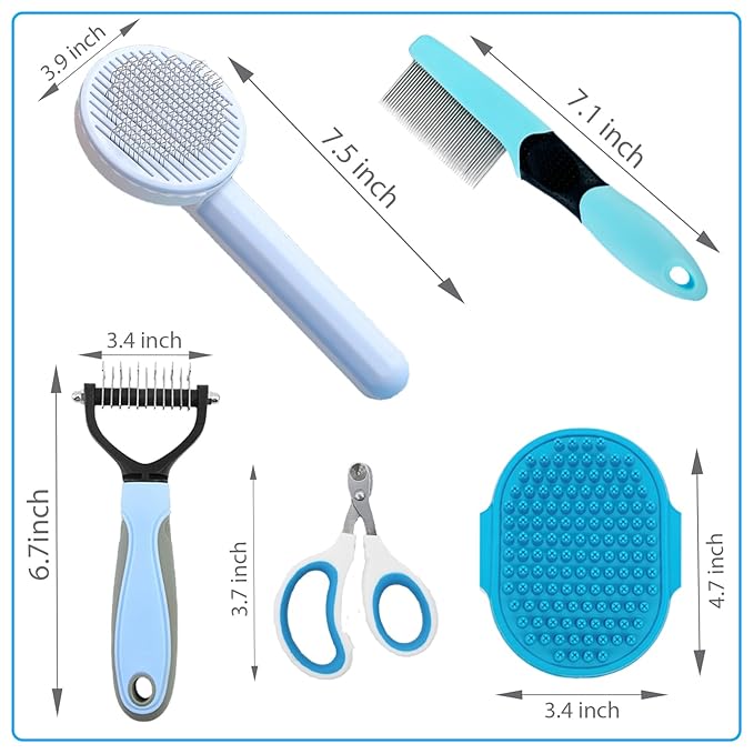 Grooming Brush Kit - 5pcs for Shedding & Matted Fur, Self-Cleaning with Flea Comb for Indoor Long-Haired Cats, Blue-Mewly Pet