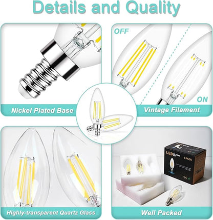 Honesorn E12 Led Bulbs, 4W(60W Equivalent Candelabra Led Light Bulbs, 4000K Natural White Chandelier Light Bulbs, 600LM Clear Glass C35 Light Bulbs with Filament, Dimmable Candle Light Bulbs Pack of 6