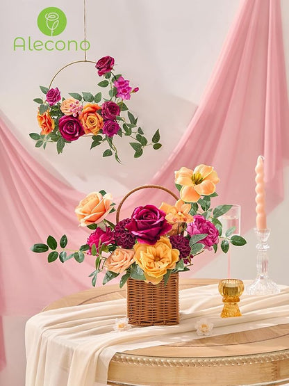 Alecono Artificial Flowers, Hot Pink and Orange Silk Fake Flowers for DIY Wedding Bridal Bouquets, Wedding Cake Flowers for Table Centerpieces Party Home Decorations