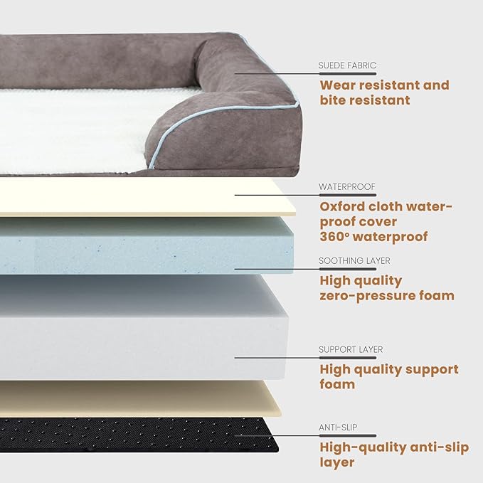 Laifug Large Orthopedic Premium Memory Foam Dog Bed, Dog Sofa with Washable and Removable Suede Cover, Waterproof Liner and Non-Slip Bottom Light Brown, X-Large(44''x34''x9'')-Mewly Pet