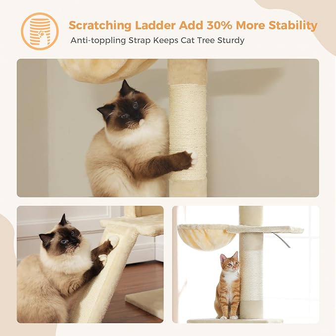 PEQULTI Floor to Ceiling Cat Tree, Tall Cat Tower, Adjustable Height (83''-108'') 5 Levels Climbing Tree for Indoor Cats with Cat Condo, Cozy Hammock and Scratching Post, Beige-Mewly Pet
