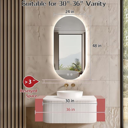 48"x24" Oval Led Mirror for Bathroom, Frameless Vanity Mirror with Lights, Modern Lighted Bathroom Mirror Wall Mounted, Anti Fog Smart Mirror with 3 Colors Dimmable, Vertical/Horizontal