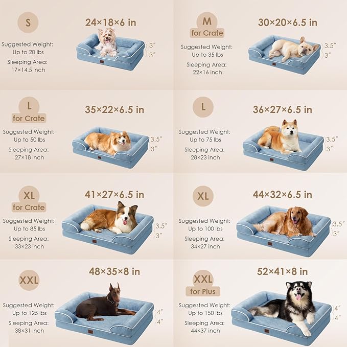 EHEYCIGA Orthopedic Dog Beds for Large Dogs, Waterproof Memory Foam Large Pet Bed with Sides, Non-Slip Bottom and Egg-Crate Foam Dog Couch Bed with Washable Removable Cover, Washed Blue-Mewly Pet
