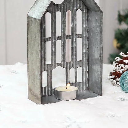 Church Shaped Tea Light Candle Holder Farmhouse Galvanized Metal Candle Holder Vintage Decorative Tealight Holder for Table Centerpiece Decoration - 4.53" x 1.97" x 10.43"