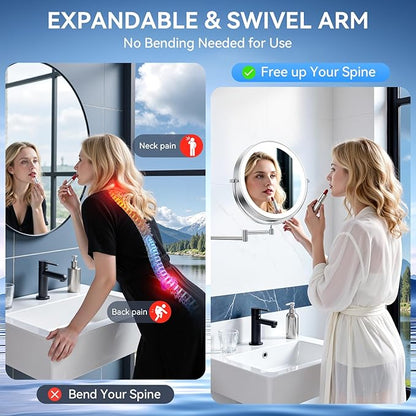 10'' 30X/1X Wall Mounted Lighted Makeup Mirror, 5000mAh Rechargeable Double-Sided Magnifying Mirror with Light, LED Vanity Mirror Touch Dimmable 3 Colors 360° Rotation Extended Foldable Arm, Chrome