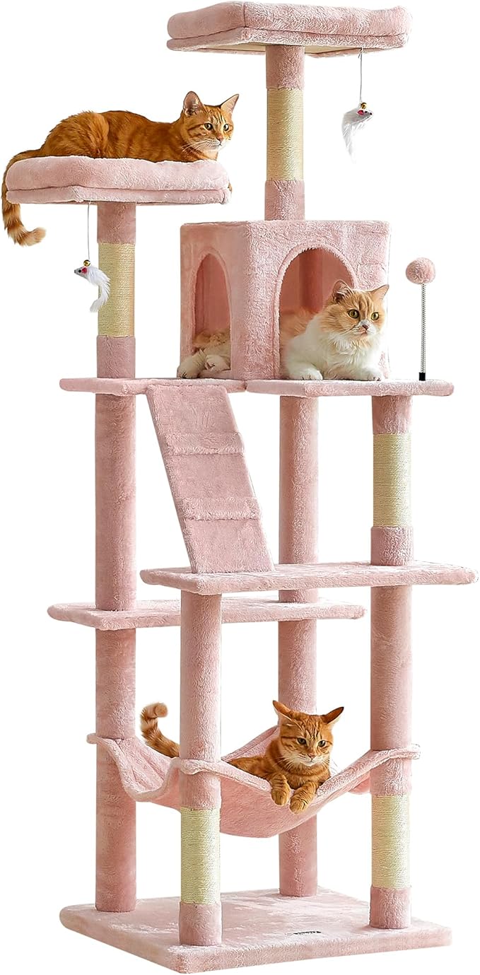 MWPO 70.1-Inch Pink Large Cat Tree, Multi-Level Tall Cat Tower for Indoor Cats, Plush Cat Condo with Big Padded Perches, Sisal-Covered Scratching Posts, Hammock, Toys for Kittens & Cats-Mewly Pet