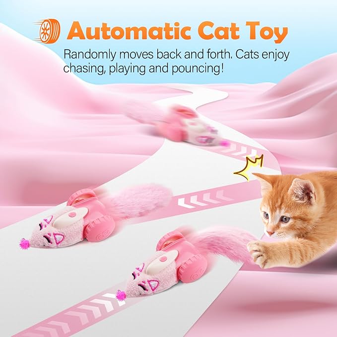 Migipaws Automatic Cat Toys, Plush Cat Mouse Toy, Interactive Toy for Indoor Cats, Smart Moving Kitten Toy, Rechargeable (Pink)-Mewly Pet