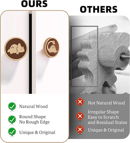 6 Pack Dinosaur Dresser Knobs 40MM/1.57" Wooden Animal Cabinet Knobs for Nursery Room Kids Drawer Pull Handles with Screws