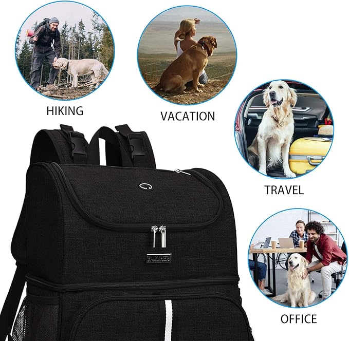 BAGLHER Pet Travel Bag, Double-Layer Pet Supplies Backpack (for All Pet Travel Supplies), Pet Travel Backpack with 2 Silicone Collapsible Bowls and 2 Food Baskets Black-Mewly Pet