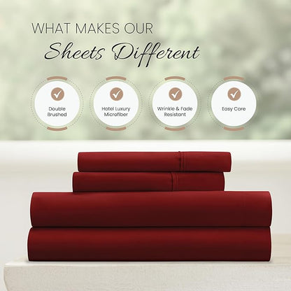 Linen Market Brushed Microfiber King Sheet Set 4 Piece – Oeko-TEX Certified Ultra Soft & Wrinkle-Free - 16" Deep Pocket Sheets - Easy Care King Size - Burgundy