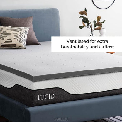 Lucid 2 Inch Ventilated Bamboo Charcoal Memory Foam Mattress Topper, CertiPUR-US Certified, Moisture and Odor Control-King