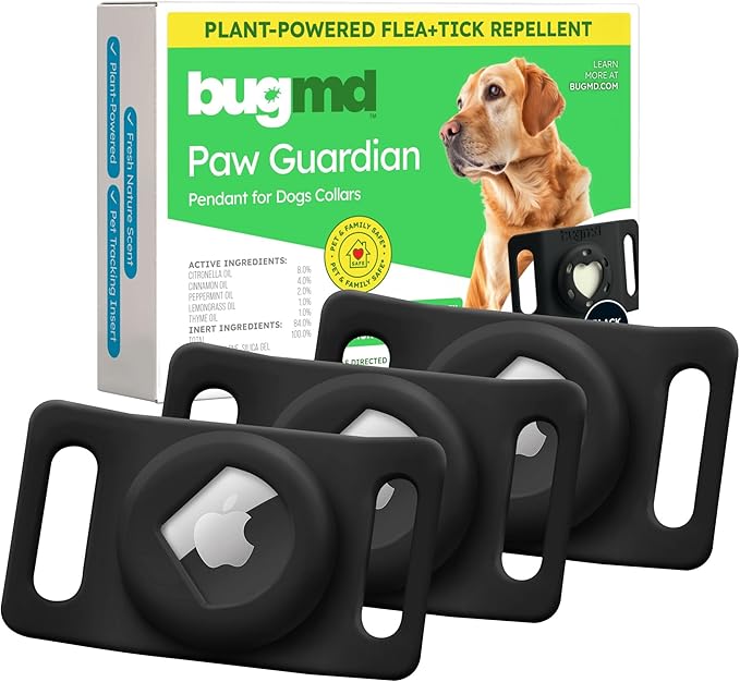 BugMD Paw Guardian Flea & Tick Pendant (3-Pack) with AirTag Holder – Plant-Based Flea & Tick Prevention for Dogs – Pet Collar Tag & GPS Tracker Holder for Dogs – Black-Mewly Pet