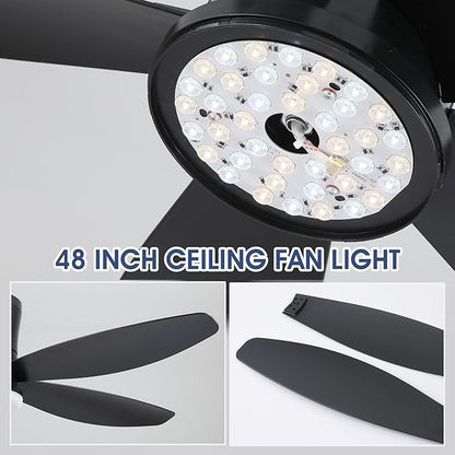 Flush Mount RGB Ceiling Fans with Lights-48 Low Profile Ceiling Fan with Light and Remote/APP Control,DC Reversible,LED Dimmable Blakc Ceiling Fans for Bedroom,Indoor/Outdoor Patio Use
