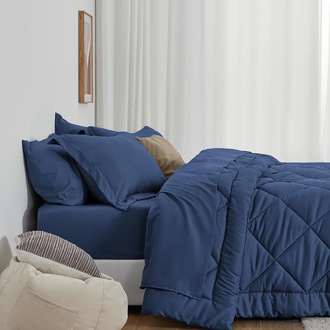 Love's cabin Full Comforter Set Dark Blue, 7 Pieces Full Bed in a Bag, All Season Bedding Sets with 1 Comforter, 1 Flat Sheet, 1 Fitted Sheet, 2 Pillowcase and 2 Pillow Sham