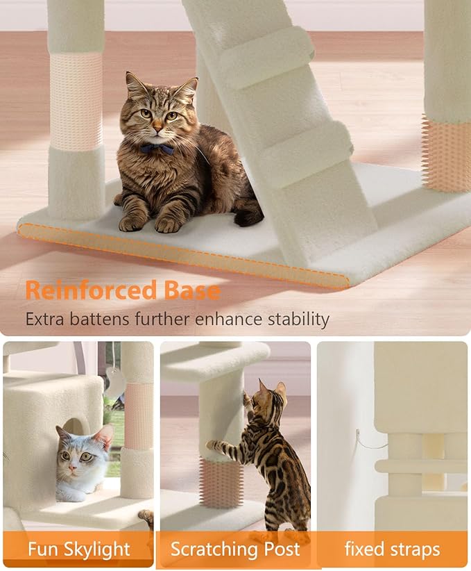 60'' Cat Tree Tower for Indoor Cats Large Adult,Cute/Tall Modern Cat Tree for Big Cats 20 lbs, Plush Multi-Level Cat Condo with Scratching Posts, Dangling Ball Indoor (Beige, 60 inch)-Mewly Pet