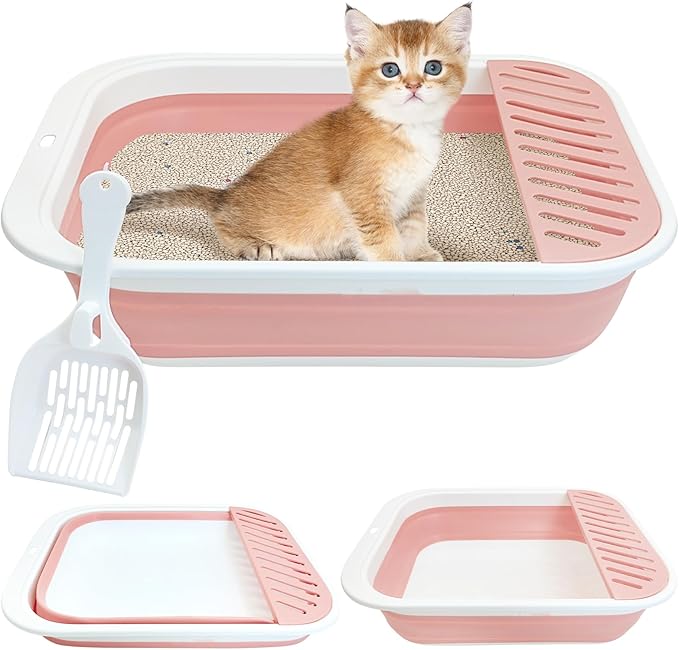 Fhiny Cat Litter Box Portable Shallow Litter Box 17.7"x13.4"x4.9" Foldable Cat Toilet with Scoop Open Kitty Potty Pan with Litter Drop Pedal Easy to Clean Travel Kitten Toilet(Pink)-Mewly Pet