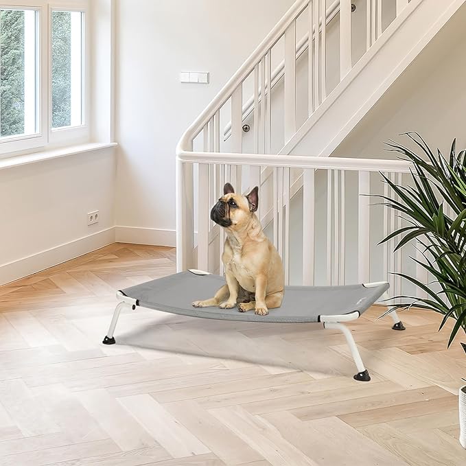 Veehoo Elevated Dog Bed for Outdoor, Cooling Waterproof Raised Dog Cots Beds for Medium Dogs, Curved Off Ground Pet Hammock Cot Lifted for Outside, up to 65lbs, White Legs, Grey 32"-Mewly Pet