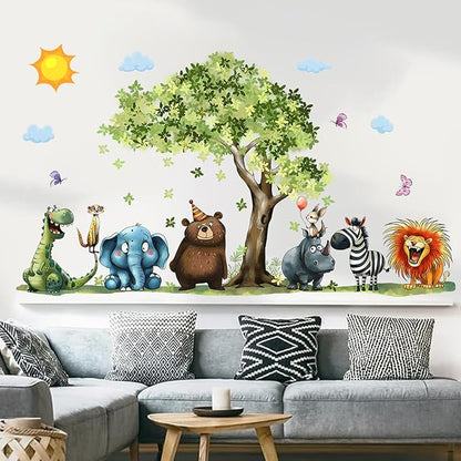 Jungle Animal Wall Stickers Forest Safari Wall Decals Kid Room Nursery Baby Bedroom Décor (Tree Cartoon Animals)