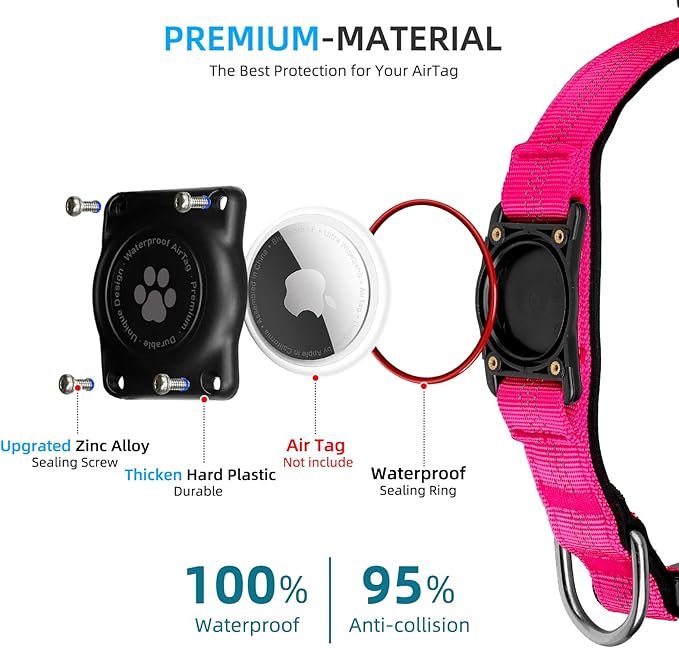 Upgraded AirTag Dog Collar, IP68 Waterproof Air Tag Dog Collar Holder, Reflective, Ultra-Durable, Comfortable Padded, Heavy Duty Dog Collars for Small Medium Large Dogs (XS (10.25"-13"), Hotpink)-Mewly Pet