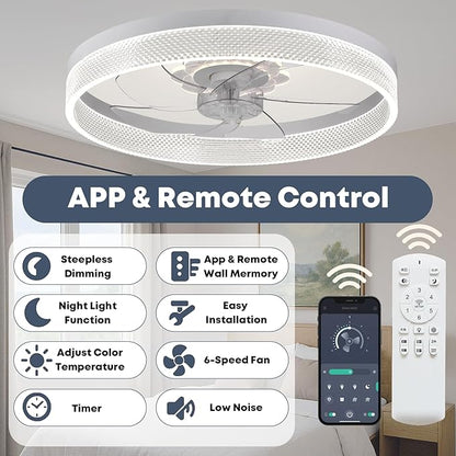 20‘’ Ceiling Fan with Light, Upgraded Low Profile Fan, Flush Mount Ceiling Fan, 6 Speeds, Dimmable LED, App & Remote Control, Quiet DC Motor, for Bedroom, Living Room, F093 White-D